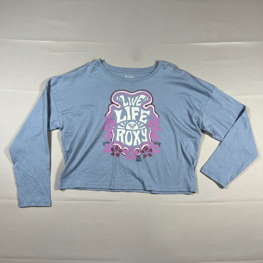 Roxy Crop T-Shirt Top Girls XL Blue Live Life Graphic Oversized Cotton Crew Neck